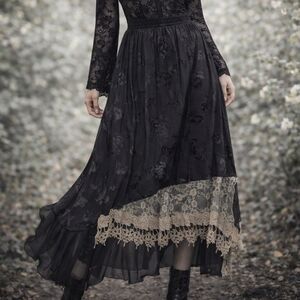 Black Floral Jacquard Skirt w/ Lace Trim Hem Cottagecore Boho Romantic Witchy
